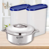 Kuber Industries Stainless Steel Casserole & Plastic conatiner I Casserole (2000 ML) & Kitchen Container Set of 2 (2500 ML)